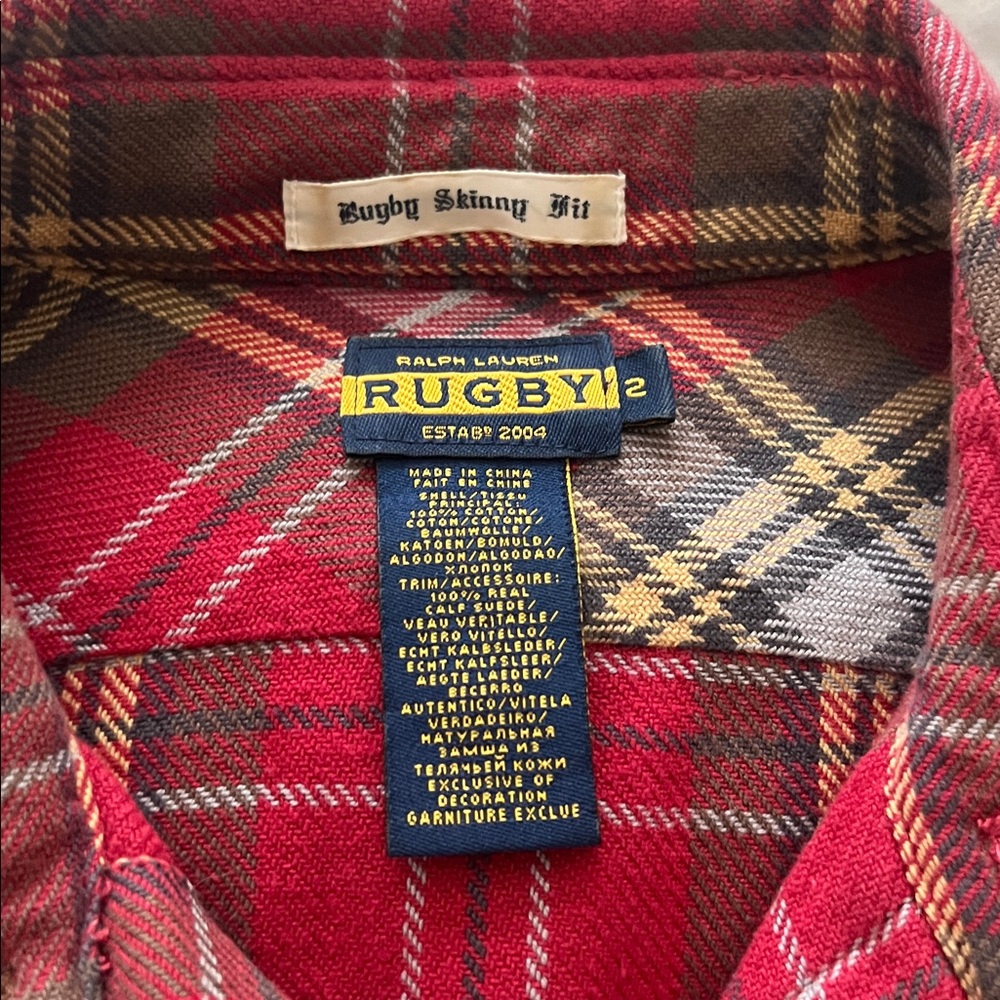 Ralph Lauren Rugby vintage Red Plaid Shirt with Brown suede Patch - Picture 2 of 3
